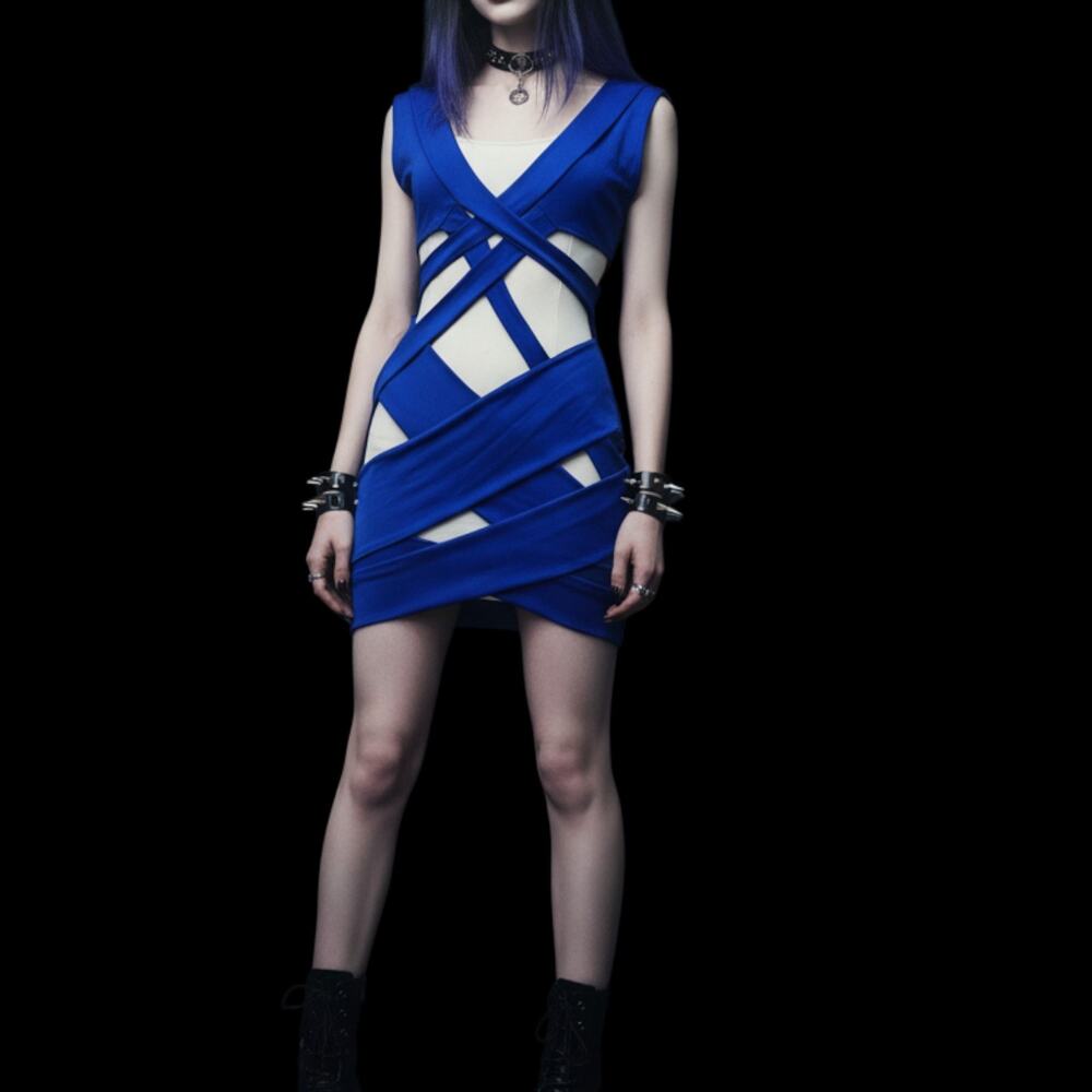 Bodycon Mini Dress Women’s 1X Blue Criss Cross Cut Out Open Punk Goth Stretchy